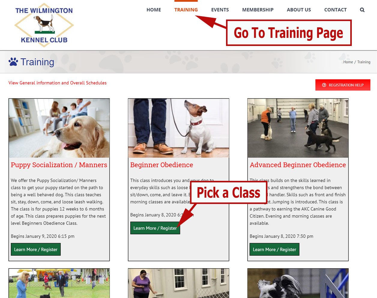 Screenshot with arrows pointing to the Training menu item and the Learn More button for a class