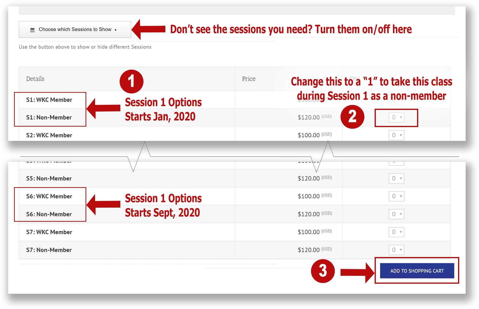 Screenshot showing three steps 1-pick a session, 2-pick a quantity, 3-add to cart